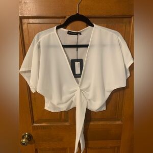 Pretty Little Thing white crop blouse with tie